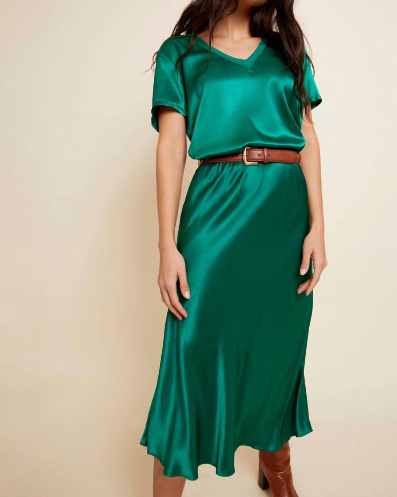 Front of a model wearing a size Large Mabel Bias Skirt In Emerald in Emerald by Nation LTD. | dia_product_style_image_id:360268